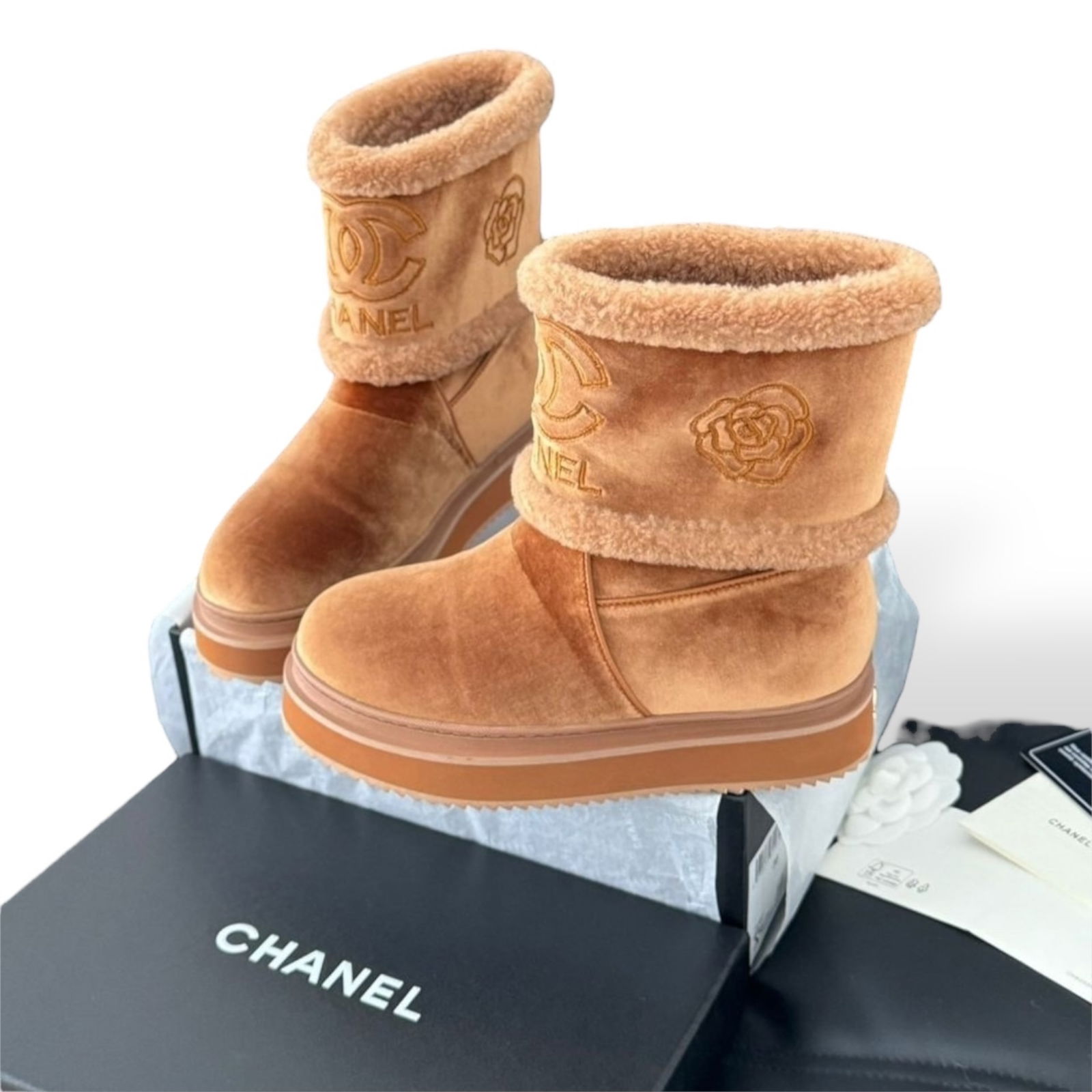 CHANEL Brown Shearling & Suede MidCalf Block Heel Slip On Beaute Winter Boots (1 of 7)