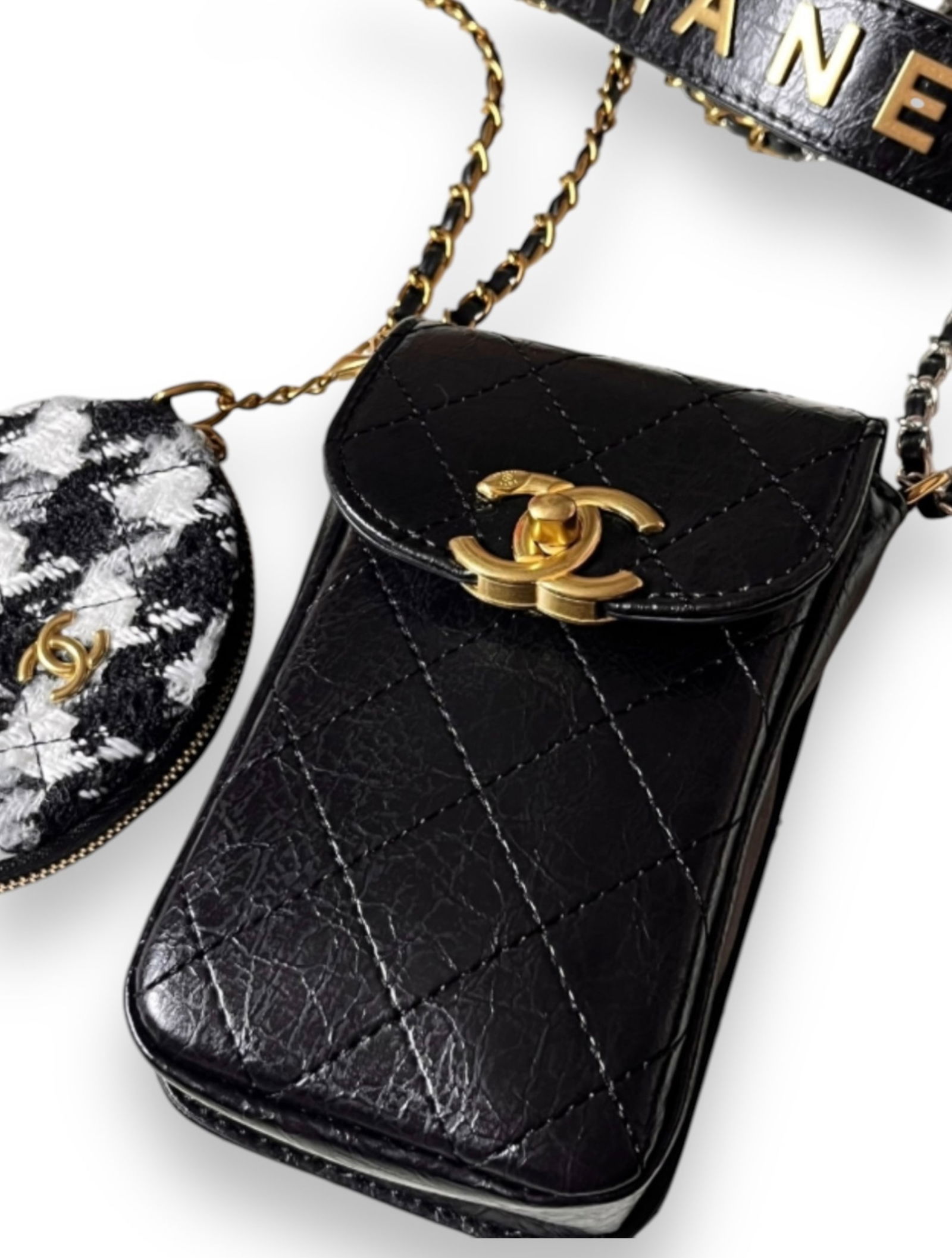 CHANEL Black/Gold Quilted Beaute Card Holder On Chain & Black & White Pouch (1 of 7)