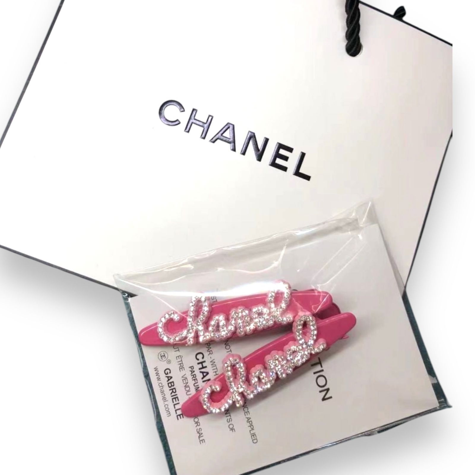 CHANEL 2Pc Hot Pink/White Rhinestone CC Logo L.A Collection Hair Clips (1 of 2)