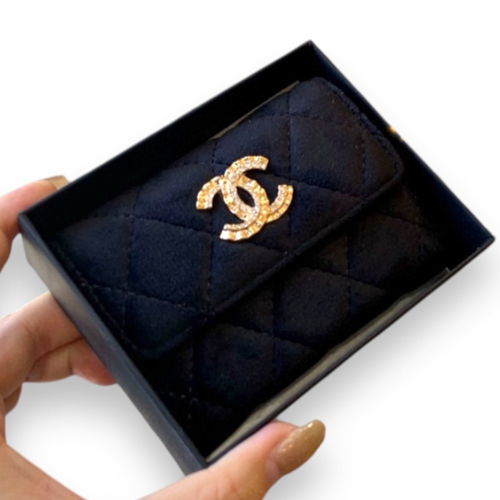 CHANEL Beveled CC Quilted Beaute Card Holder & Original Box: • CHANEL• Black• Quilted Pattern• Beveled CC• 4.5” x 3.1” (in)• Snap Closure• Gold Tone Hardware• CHANEL Gift Bag Included• Original Box Includ