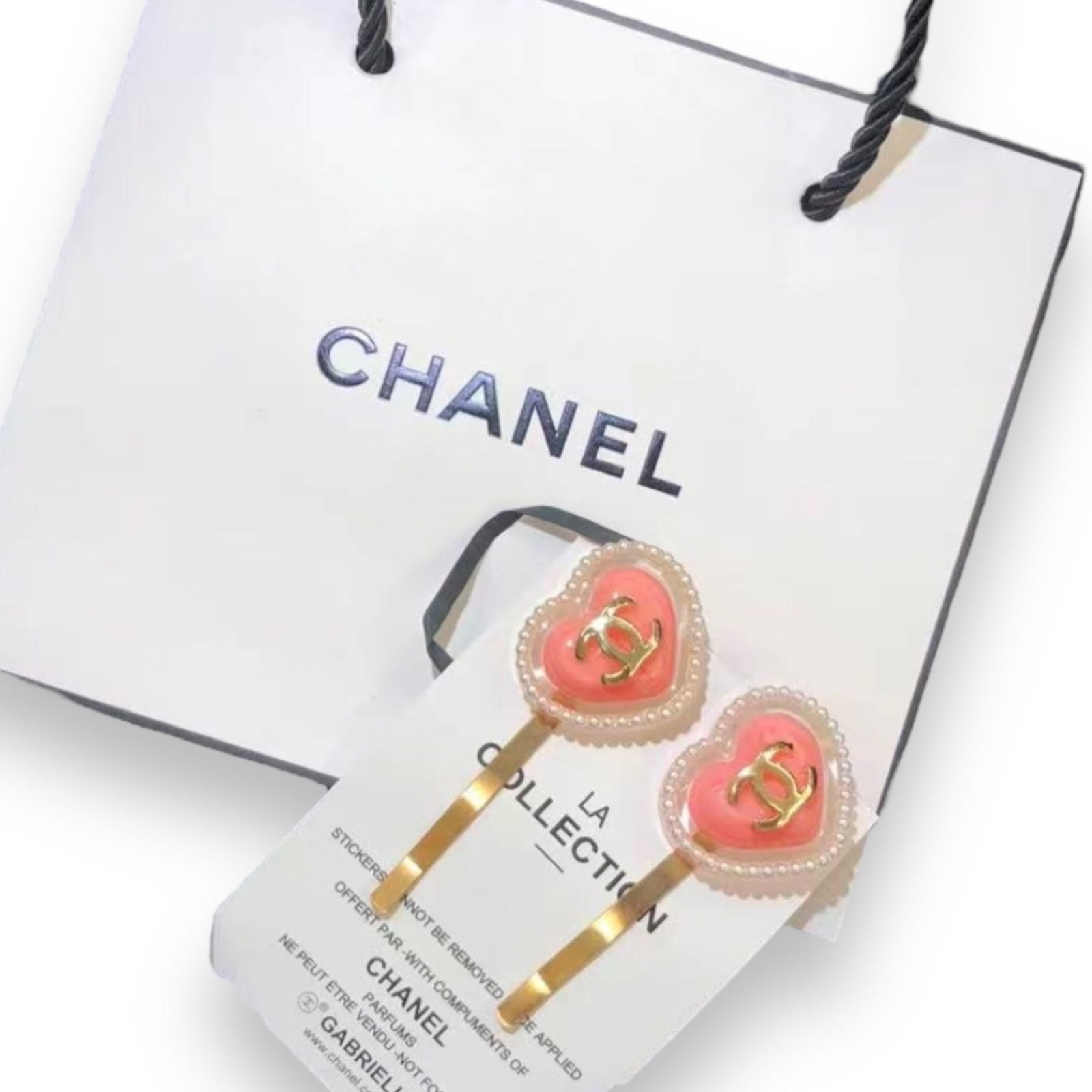 CHANEL 2Pc Set Pink & White Heart Gold CC Logo L.A Collection Hair Clips (1 of 3)