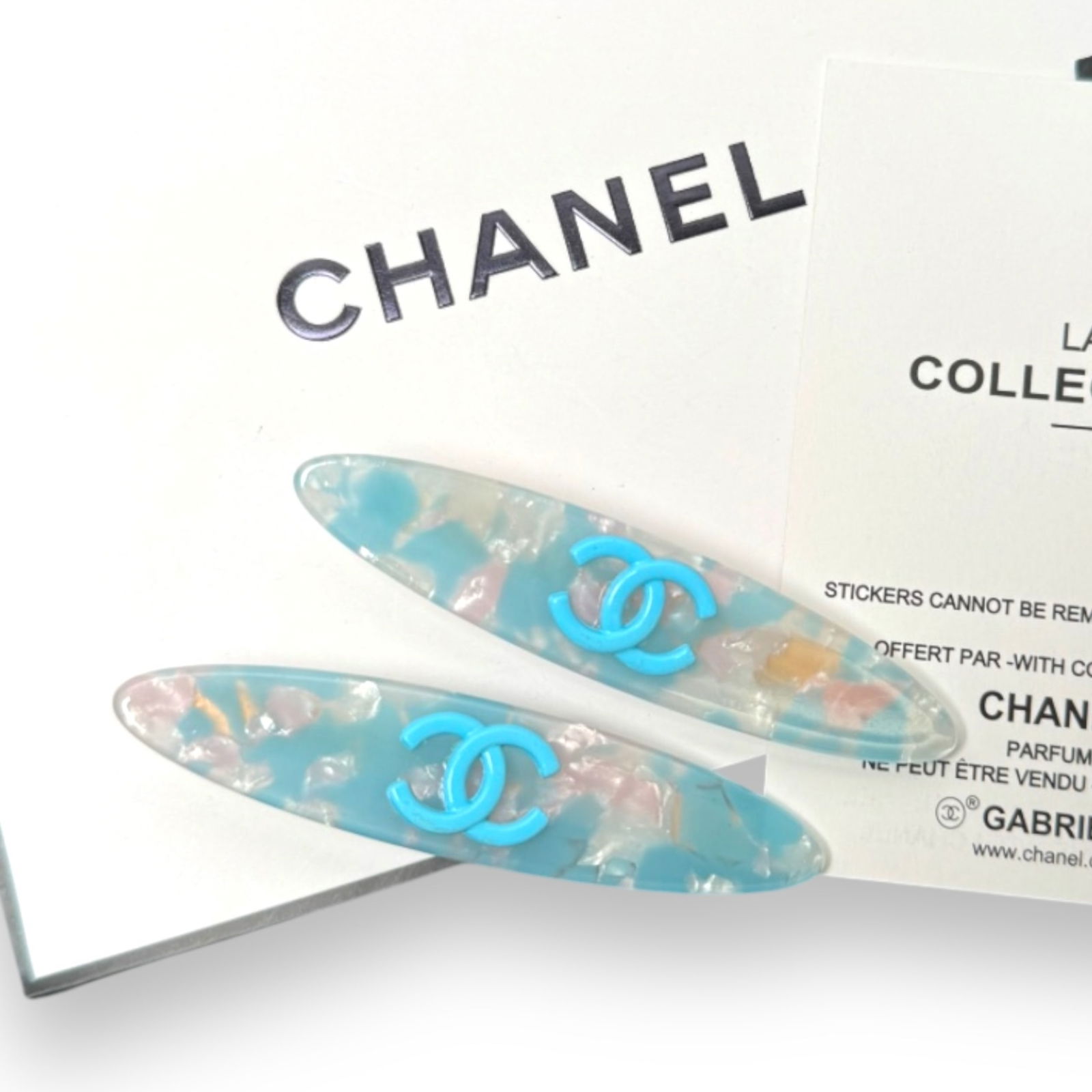 CHANEL 2Pc Blue, White, & Pink Opal W/ Blue CC Logo L.A Collection Hair Clips (1 of 3)