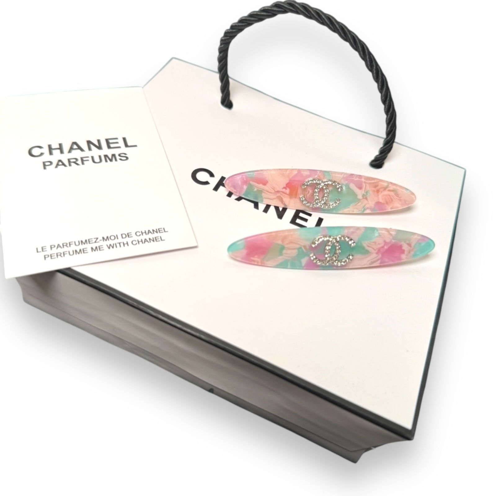 CHANEL 2Pc Set Pink & Blue Gradient W/ Rhinestone CC Logo L.A Collection Hair Clips: • CHANEL • Gabrielle • 2Pc Set• Pink & Blue Gradient• White Rhinestone CC Logo• Gold Tone Hardware• L.A Collection• Hair Clips/Hair Pin • Unopened/In Origi