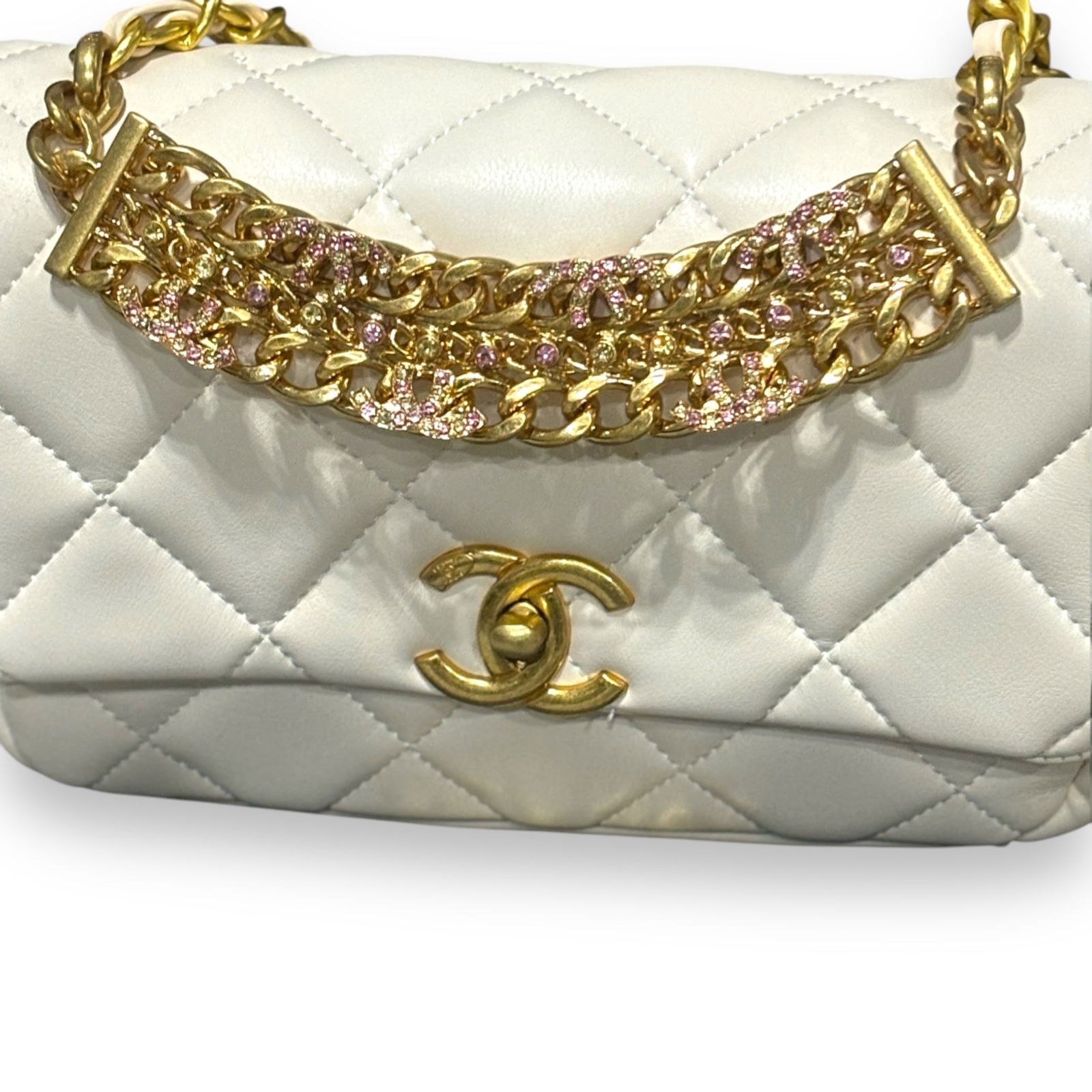 CHANEL White & Pink Rhinestone Halo Quilted Beaute Bag & Original Box (1 of 7)
