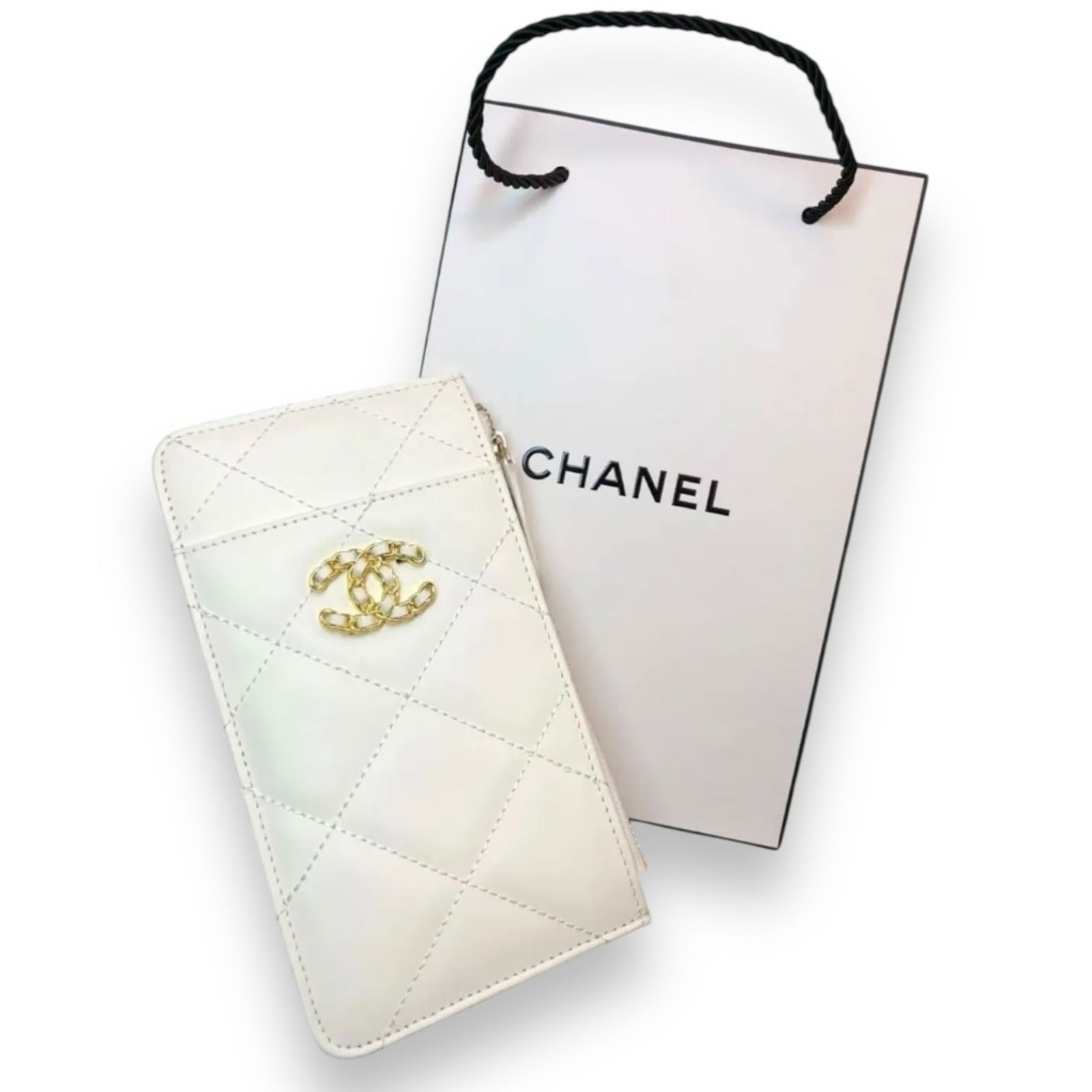 CHANEL White Long Intertwined Logo Beaute Card Holder & CHANEL Gift Bag (1 of 6)