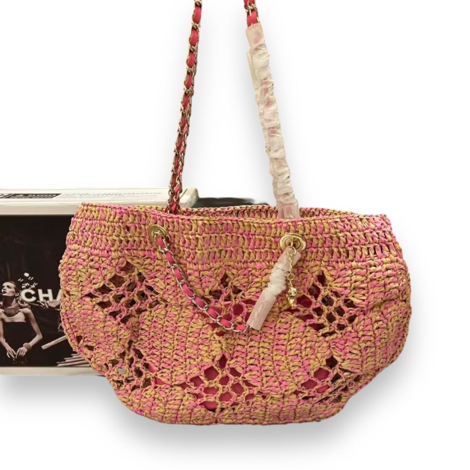 CHANEL Hot Pink/Orange Hollow Woven Beach Bag & Beaute Pouch (1 of 7)
