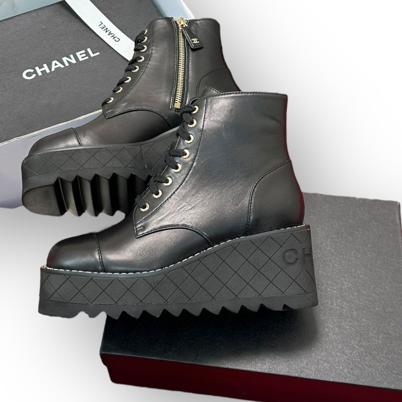 CHANEL Black Platform Block Heel Rear Logo Beaute Ankle Boots (1 of 4)