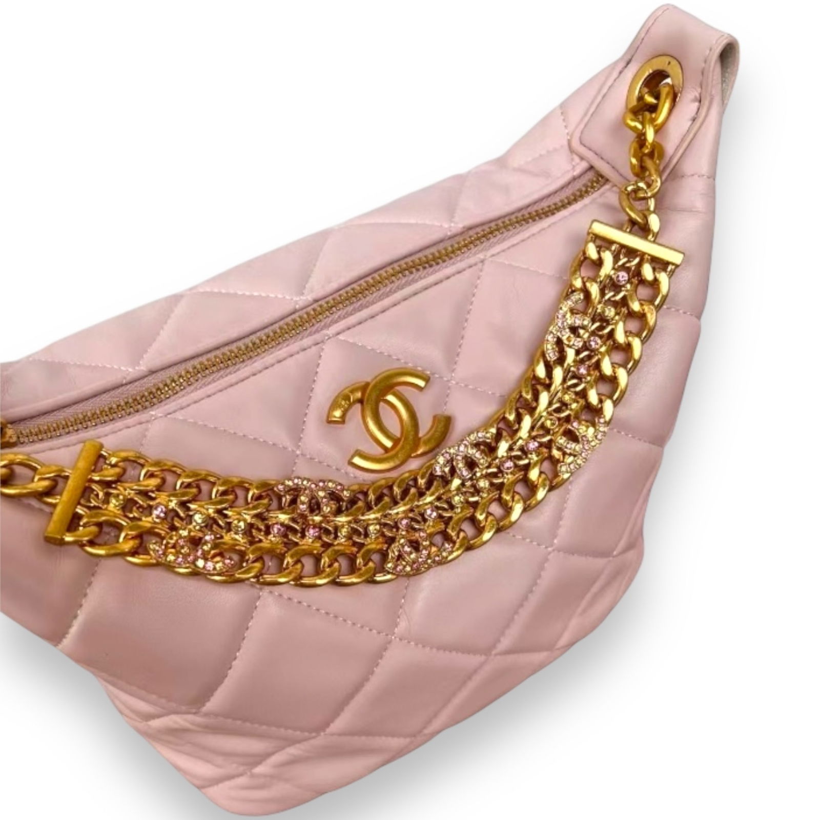 Pink CHANEL Rhinestone Halo Tall Quilted Beaute Bag & Original Box: • CHANEL• Pink • Quilted Pattern• Pink/White Rhinestone Covered • Gold Tone Hardware • Single Or Double Strap• Shoulder Bag• 8.2” x 8” x 5” (i