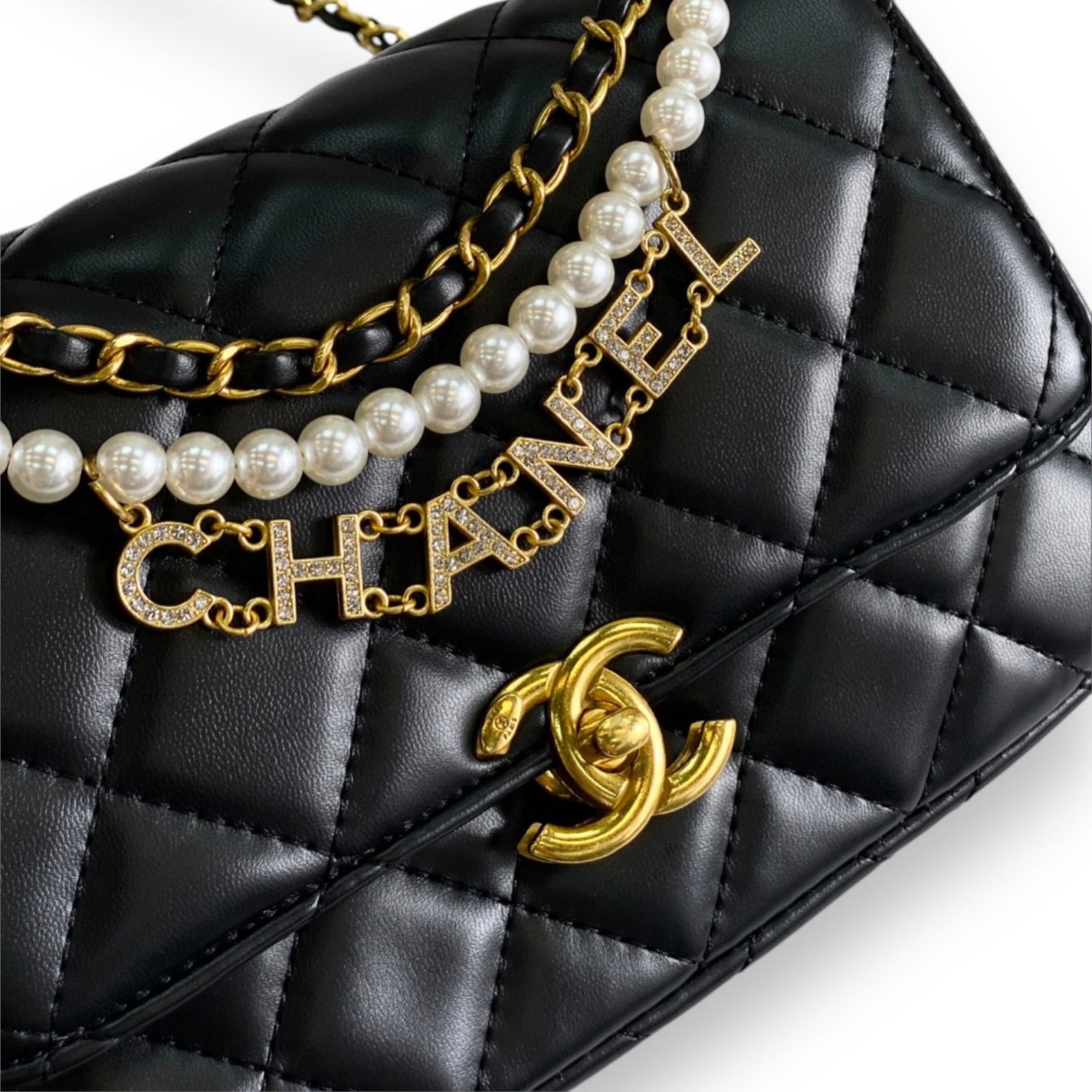 CHANEL Rhinestone Logo Black Quilted Mini Pearl Twist Flap Beaute Bag & Original Box (1 of 10)