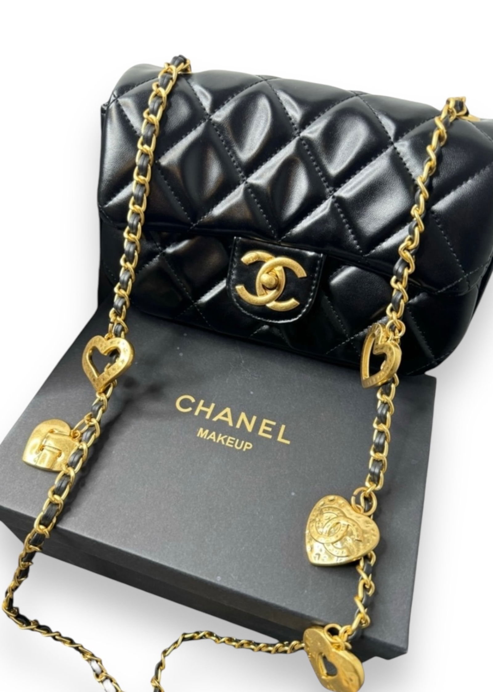 CHANEL Quilted Black Chain & Hearts Flap Beaute Bag & Original Box (1 of 5)