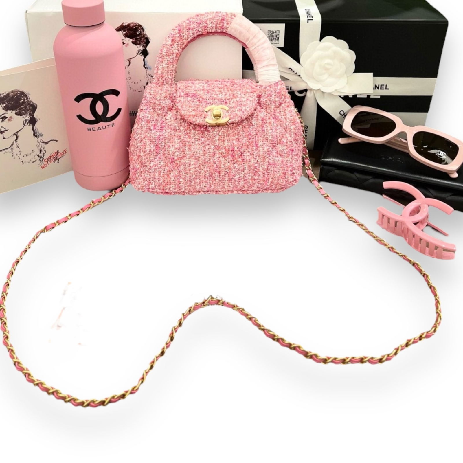 CHANEL Gift Set Pink Tweed 24P Mini Kelly Beaute Bag, Sunglasses, Thermos, Clip & Box (1 of 9)