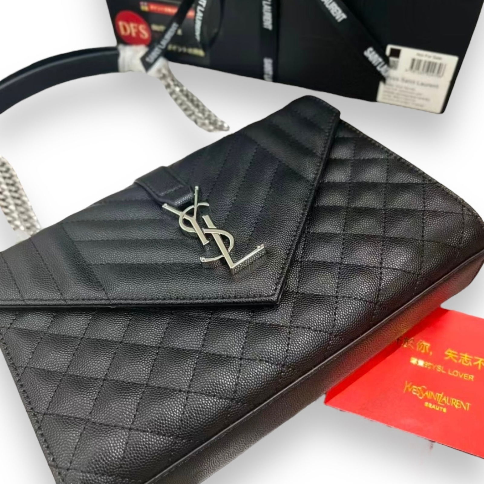 YSL (Saint Laurent) Black/Silver Envelope Shoulder Beaute Bag & Original Box (1 of 5)