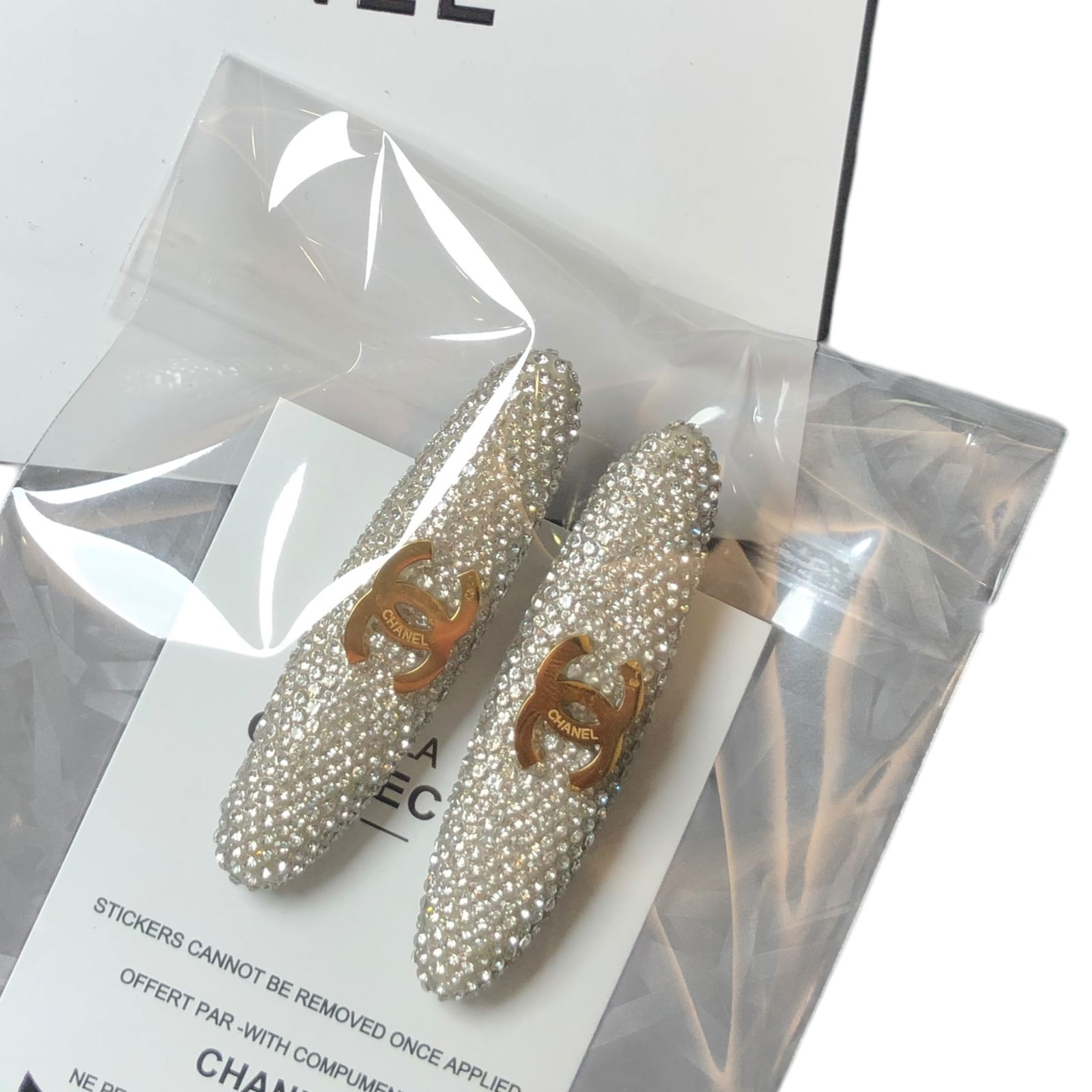 CHANEL 2Pc White Rhinestone/Gold CC Long Oval L.A Collection Hair Clips (1 of 2)