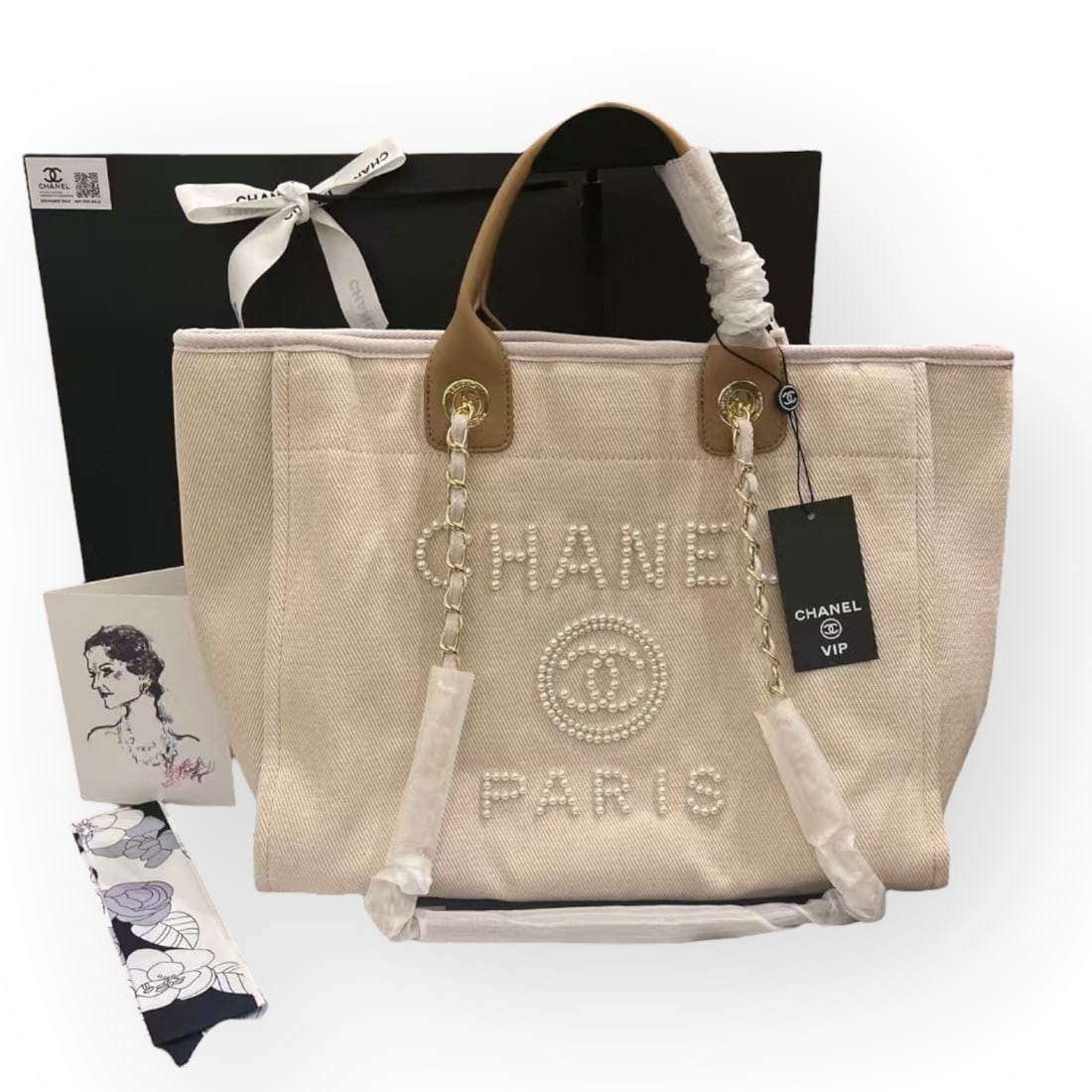 CHANEL LG Beige/Brown Pearl Deauville Beaute Bag & Original CHANEL Gift Bag (1 of 8)