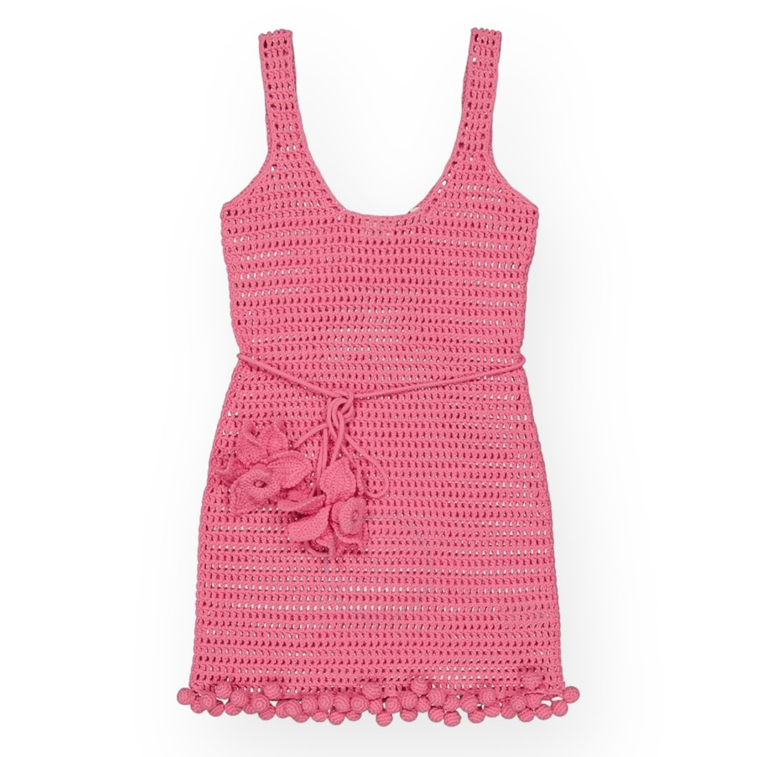 Burberry Bubblegum Pink Crochet Mini Dress: • Burberry • Bubblegum Pink • Crochet Mini Dress • Features a cotton blend with a crochet knit design and perforated detailing, adorned with pompom accents. It boasts a round neck