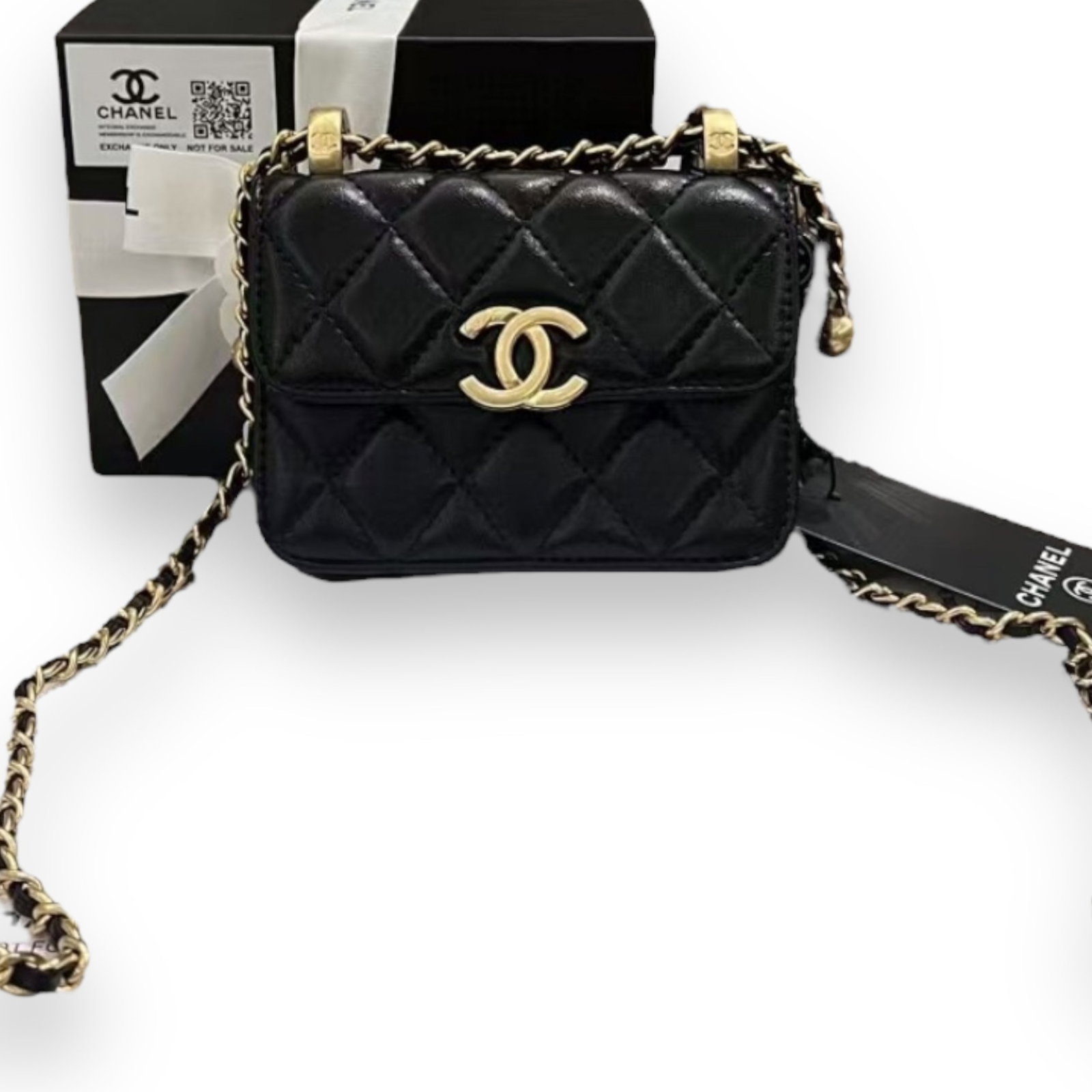 CHANEL Black/Gold Quilted Perfect Fit Coin Purse Beaute Bag & Original Box: • CHANEL• Black• Perfect Fit Coin Purse• Gold Tone Hardware• 5.1” x 4” x (in)• Original Box & Dust Bag Included• Snap Closure• Intertwined Leather S