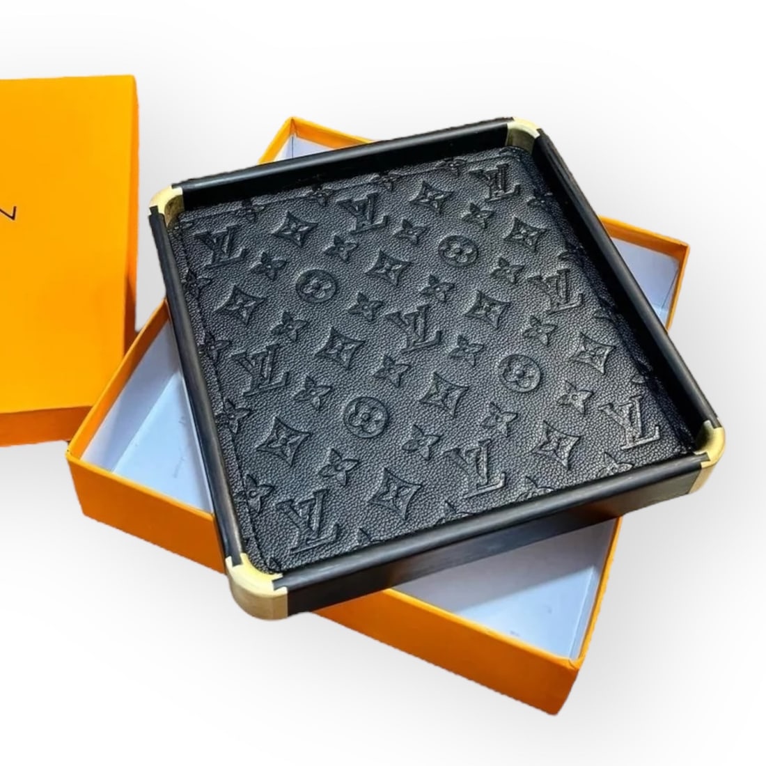 Louis Vuitton Custom Black Monogram Serving Tray: • Louis Vuitton • Custom Serving Tray • Black • Signature Monogram Print • Gold Tone Hardware • Bottom LV Logo • 9" x 9" (in) • Square Shaped • Beaute/VIP