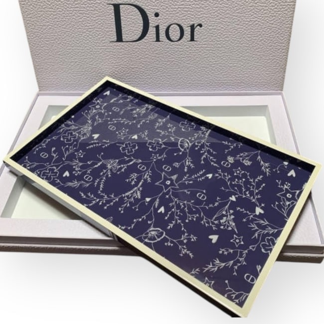 Christian DIOR Floral Pattern Decorative Lacquered Tray & Original Box: • Christian DIOR • Decorative Tray • Floral Print • Lacquered • Original Box Included • Blue & White