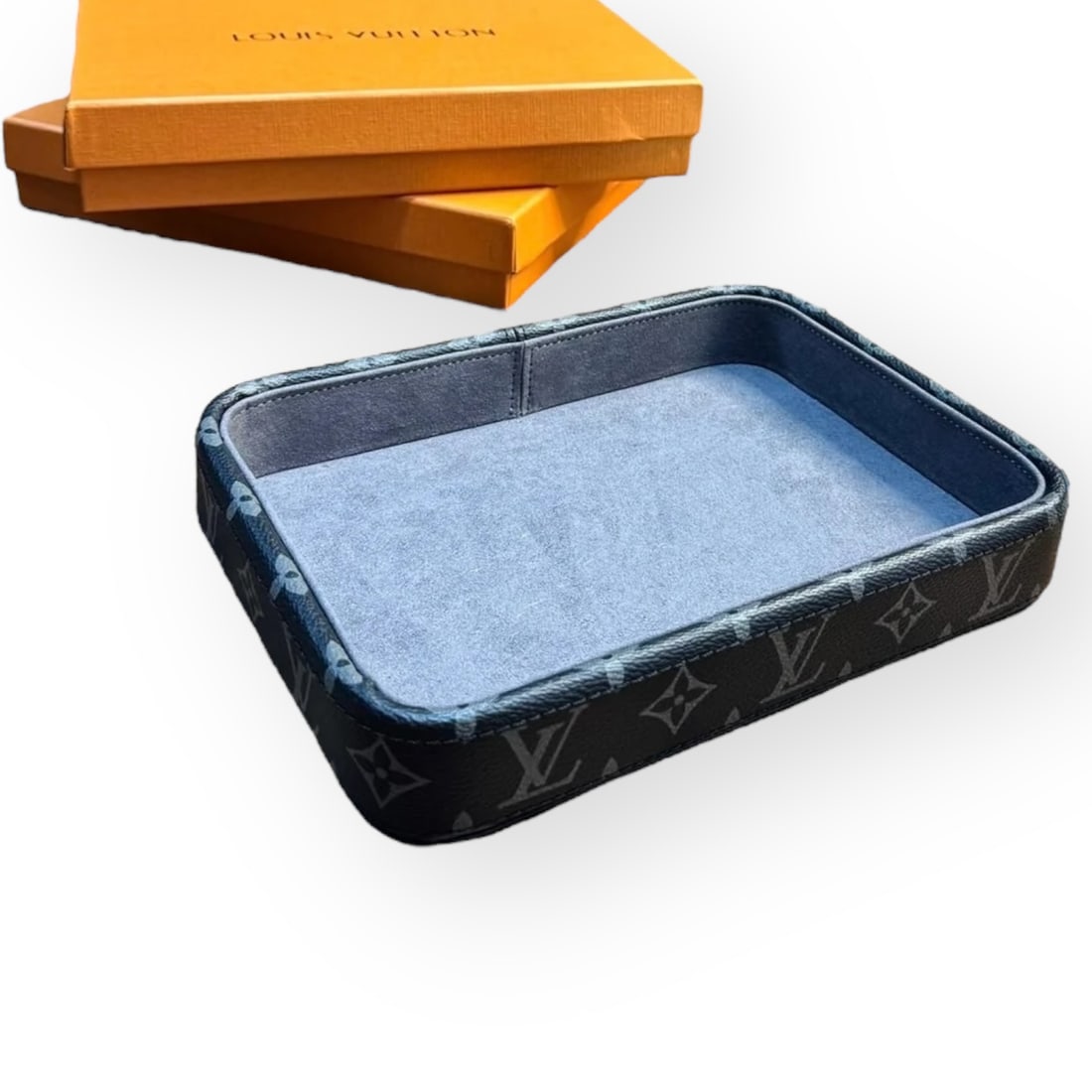 Louis Vuitton Custom Black Monogram/Light Blue Valet Tray: • Louis Vuitton • Custom Valet Tray • Black • Signature Monogram Print • Light Blue Liner • 10" x 7.1" (in) • Shape: Square • Beaute/VIP Line: Please note that 