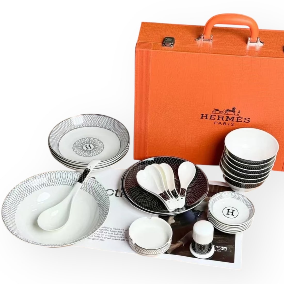 Hermes 26Pc Dining Tableware White/Black/Red Beaute Set & Original Storage Box: • Hermes • Tableware Set • 26 Pieces • White • Black Accents • Red Accents • Spirograph Pattern • Center H Logo • Original Storage Box Included • Beau