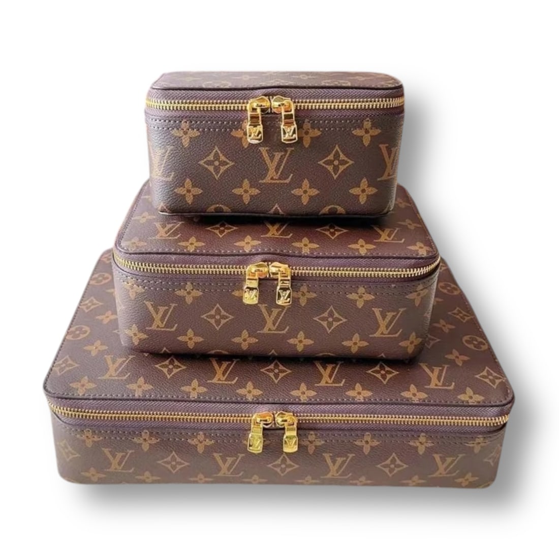 Louis Vuitton Brown Monogram/Pink 3 In 1 Travel Cases: • Louis Vuitton • Brown Monogram • Pink • Gold Tone Hardware • Zip Closure • Includes All 3 Cases • Large: 14" x 8" (in) • Medium: 9" x 5.5" (in) • Small: 
