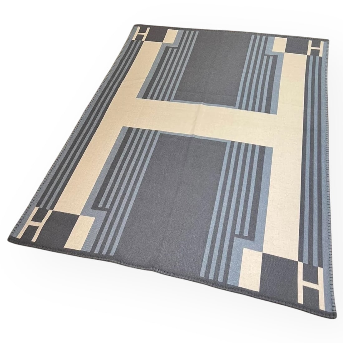 Hermes Blue & White Ithaque H Logo Wool Blanket: • Hermes • Ithaque • Wool Blanket • Blue • Light & Dark Blue/White Accents • Signature H Logo • Wool/Polyester Fiber Mix • 70" x 53.1" (in)