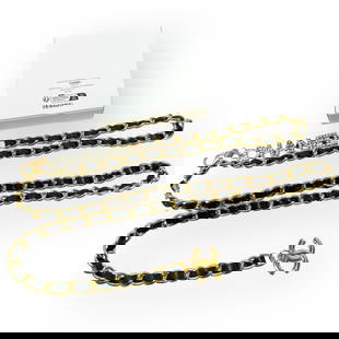 CHANEL Belt Adjustable Black/Gold & White Rhinestone Covered CHANEL Logo Beaute Belt & Box: • CHANEL• Belt• Black Intertwined Leather Chain• Gold Tone Hardware• Adjustable• White Rhinestone Covered CHANEL Logo• CC Logo Charm • Original Box Included&bul