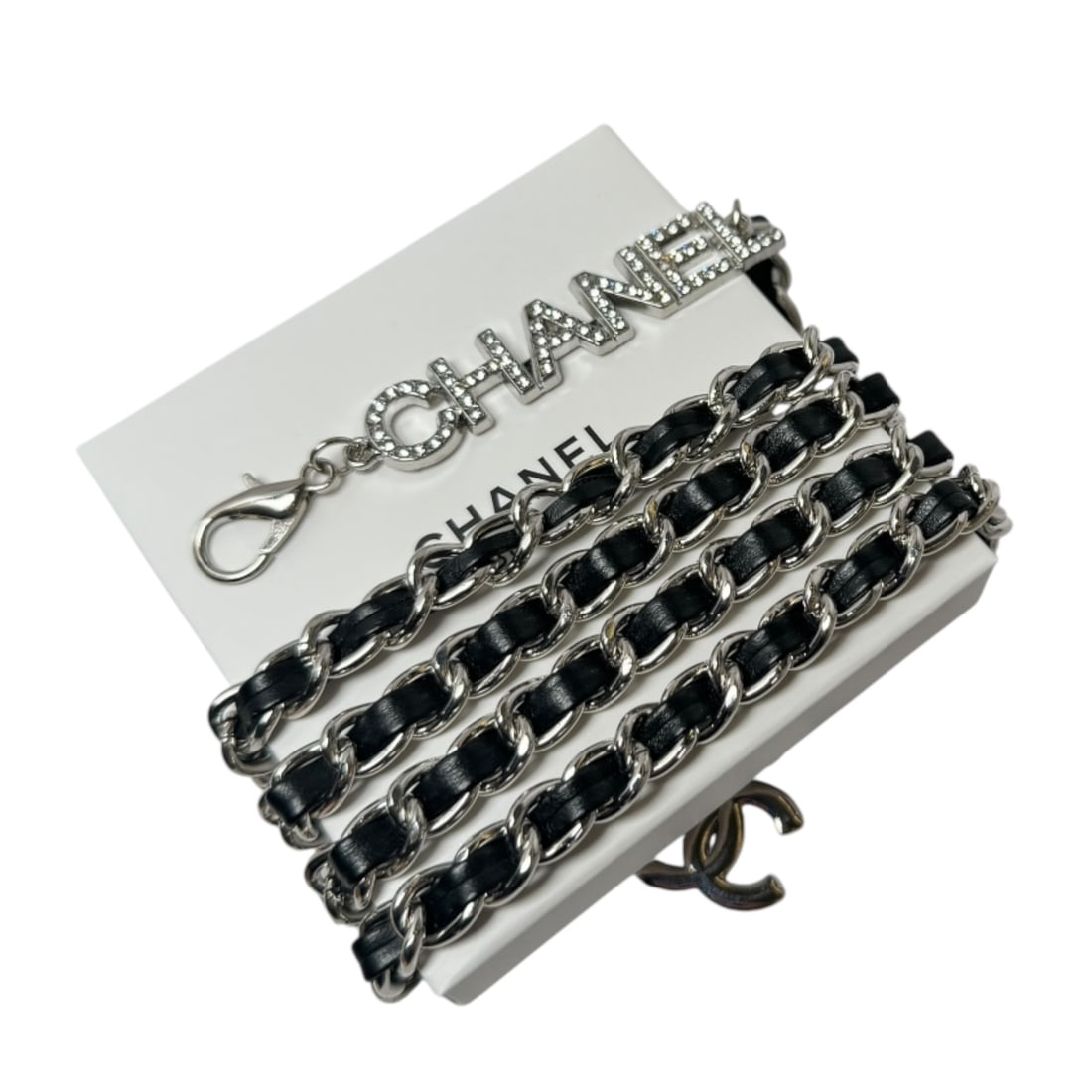 CHANEL Belt Adjustable Black & Silver/White Rhinestone Covered CHANEL Logo Beaute Belt (1 of 5)