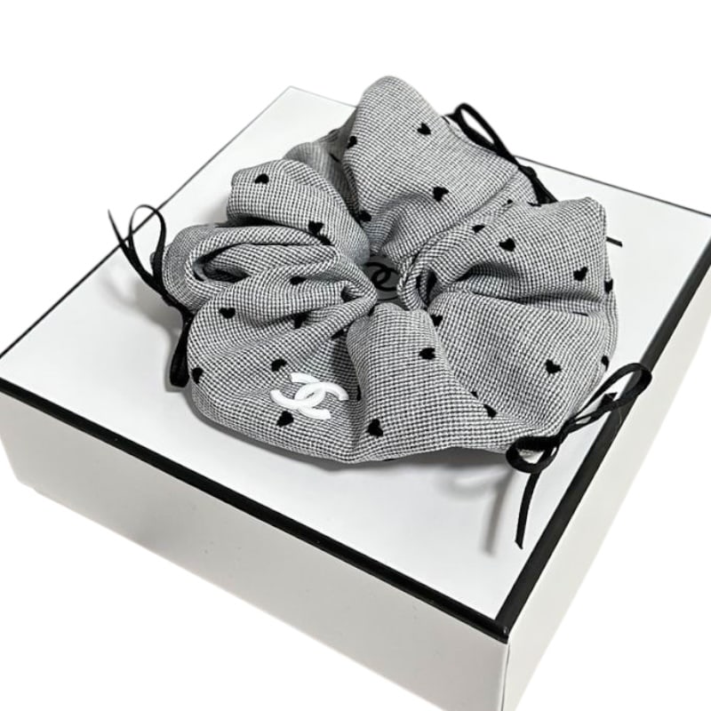 CHANEL Grey/Black Polka Hearts Hair Scrunchy W/ Bow Detail (1 of 1)