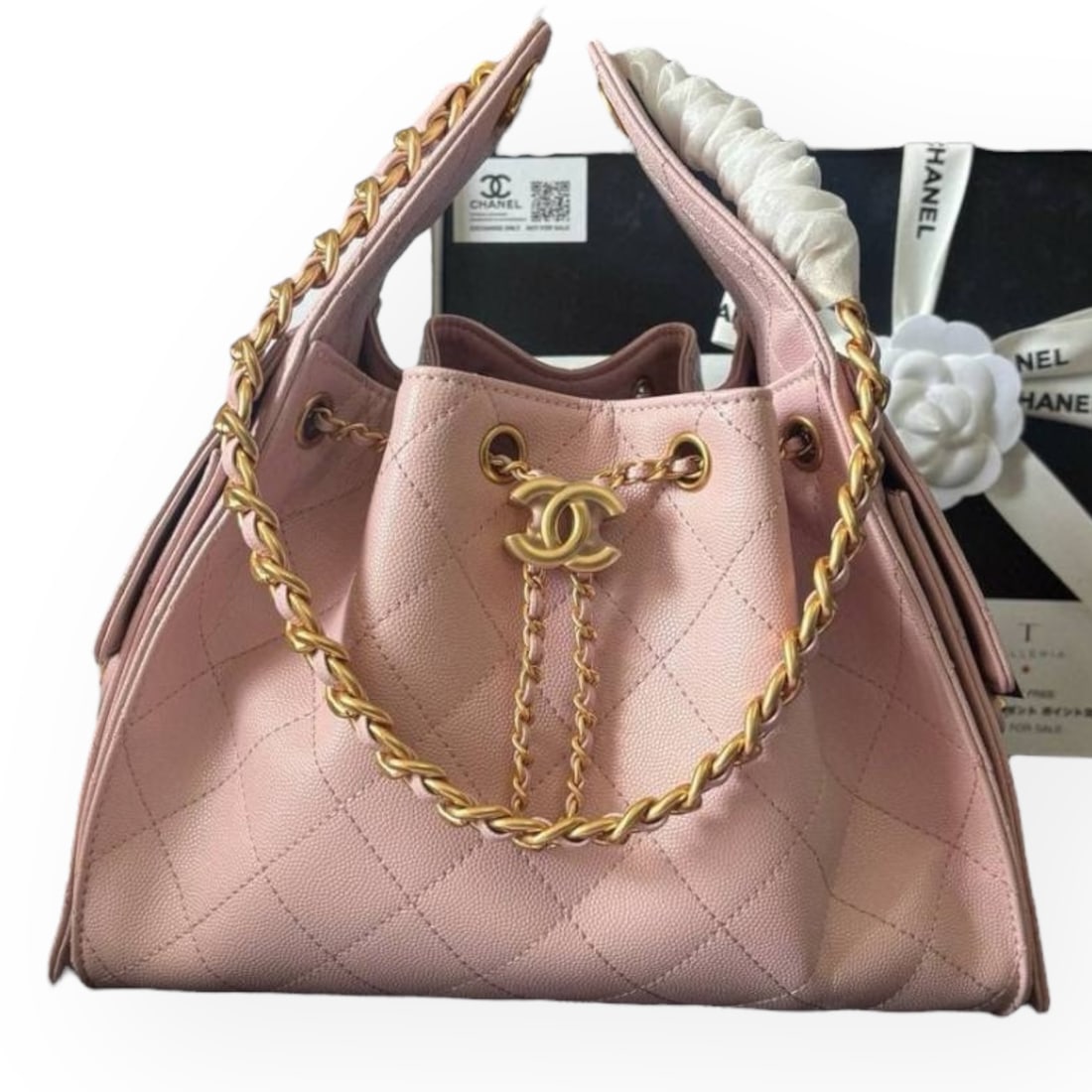 CHANEL Lg Pink/Gold Top Handle Hobo Beaute Bag & CHANEL Gift Bag: • CHANEL • Pink • Gold Tone Hardware • Quilted Pattern • Top Handle Carry • Optional Shoulder Carry • Hobo • Dual Side Pockets • Intertwined Leather Chain