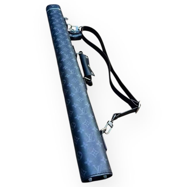 Louis Vuitton Black Monogram Edition Cue Stick Cover 2Way Optional Carry: • Louis Vuitton Edition • Collectors Piece • Black • Signature Monogram Print • Cue Stick Holder • Silver Tone Hardware • Small Pouch For Carry Small Accessories/Cha