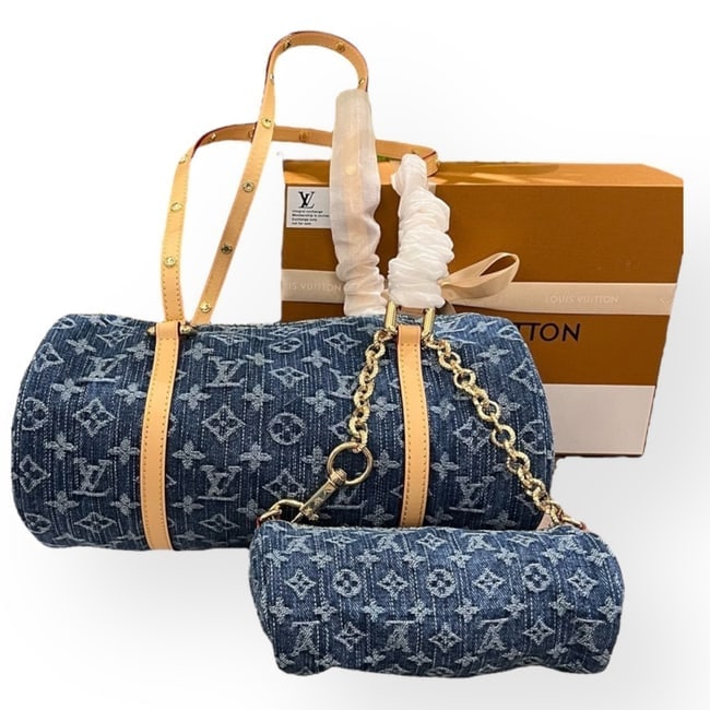 Louis Vuitton 2Pc Monogram Denim Papillon Beaute Bag & Original Box: • Louis Vuitton • Blue Monogram Denim • Papillon • Gold Tone Hardware • Top Handle Carry • Large Bag: • 11.1 x 5.3 x 4" (in) • Double Handles • Shoulder Ca