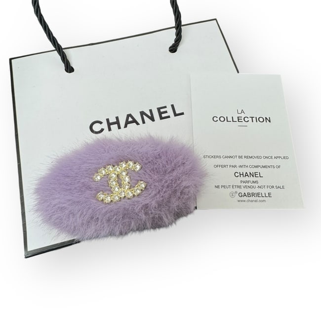 CHANEL Purple Fur White Rhinestone CC L.A Collection Hair Clip: • CHANEL • L.A. Collection • Gabrielle • Hair Clip • Purple Fur • White Rhinestone CC • Gold Trim • Unopened/In Original Packaging • CHANEL Gift Bag Includ