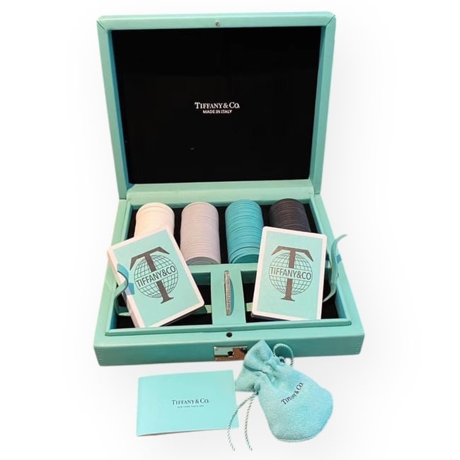 Tiffany & Co. Full Poker Set & Storage Box: • Tiffany & Co. • Full Poker Set • 25 Tiffany Blue Porcelain Poker Chips Included • 25 White Porcelain Poker Chips Included • 25 Grey Porcelain Poker Chips Included • 25 