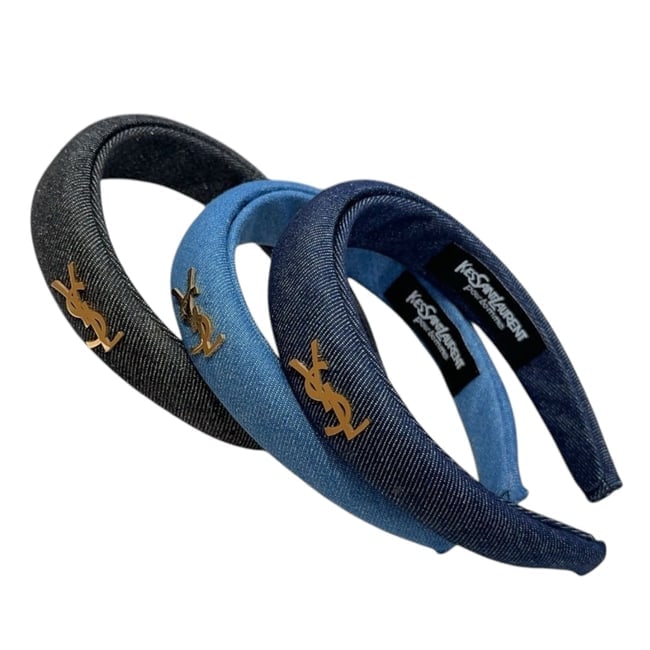 YSL (Saint Laurent) Light Denim & Gold Logo Beaute Headband: • YSL (Saint Laurent) • Headband • Light Blue Denim • Gold Tone Hardware • Side Logo • One Size