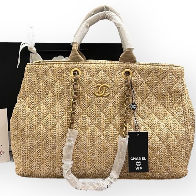 CHANEL XL Quilted Woven/Royal Blue 2Way Optional Carry Beaute Tote & Original Gift Bag: • CHANEL • Woven • XL Tote • Quilted Pattern • Top Handle Or Shoulder Carry • Double Handles • Gold Tone Hardware • Rear Exterior Slip Pocket • Front CC Lo
