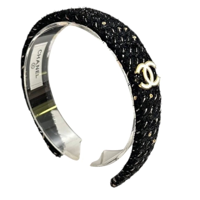 CHANEL Tweed Black/Gold & White Logo Beaute Headband: • CHANEL • Headband • Black • Tweed • Gold/White Accents • Side Logo • Silver Tone Hardware