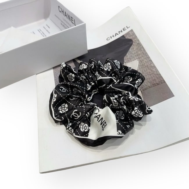 CHANEL XL Black & White Logo/Floral Print Beaute Scrunchy: • CHANEL • XL Scrunchy • Black • White Accents • Logo/Floral Print