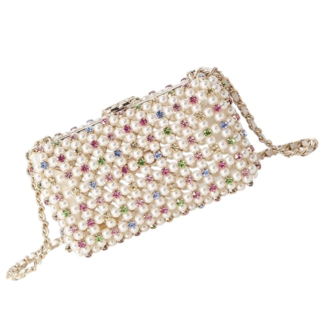 CHANEL Collectors Piece 23C Cruise Collection Pearl & Crystal Gem Beaute Clutch & Original Box: • CHANEL • Collectors Piece • 23C • Cruise Collection • Pearl & Crystal Gem Detail • Clutch • Gold Tone Hardware • Intertwined Leather Chain Strap • Jewel