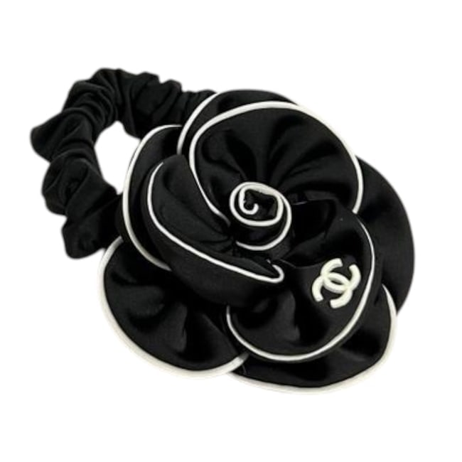 CHANEL Black & White Camelia Flower Hair Scrunchy: • CHANEL • Hair Scunchy • Shape: Camelia Flower • White Accents • Black Camelia Flower • CC Logo • Black Scrunchy