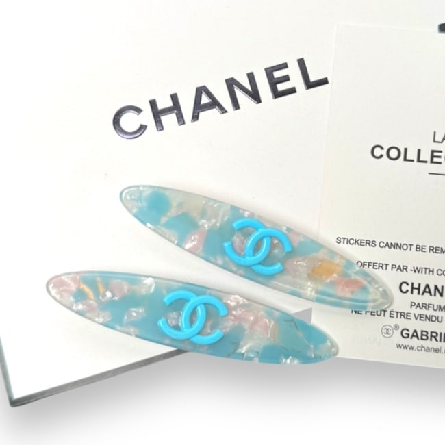 CHANEL 2Pc Blue, White, & Pink Opal W/ Blue CC Logo L.A Collection Hair Clips: • CHANEL • Gabrielle • 2Pc Set • Blue, White, & Pink Opal • Blue CC Logo • Gold Tone Hardware • L.A Collection • Hair Clips/Hair Pin • Unopened/In Original