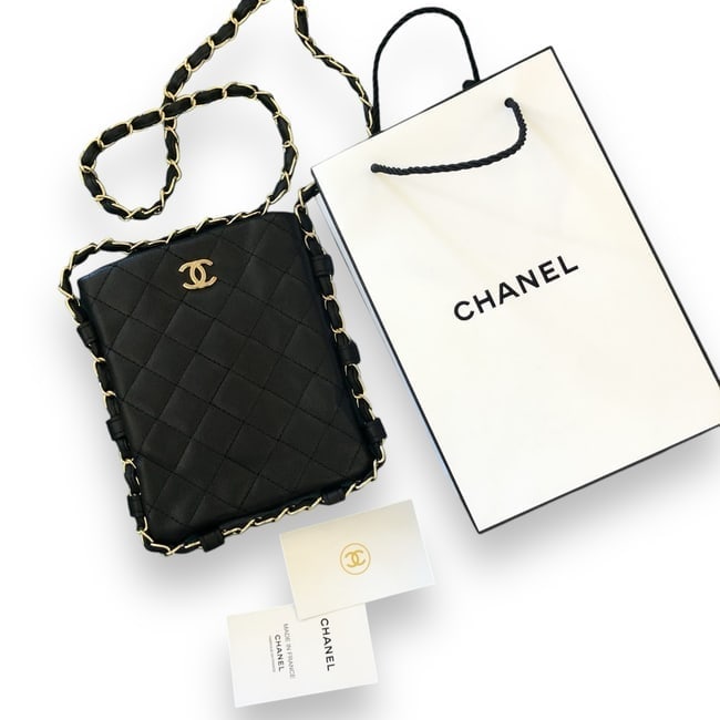 CHANEL Lg Black/Gold Large Quilted Beaute Card Holder On Chain & Original Gift Bag: • CHANEL • Black • Gold Tone Hardware • Quilted Pattern • Front CC Logo • In Original Packaging • Certificate Of Authenticity Included • CHANEL Gift Bag Include