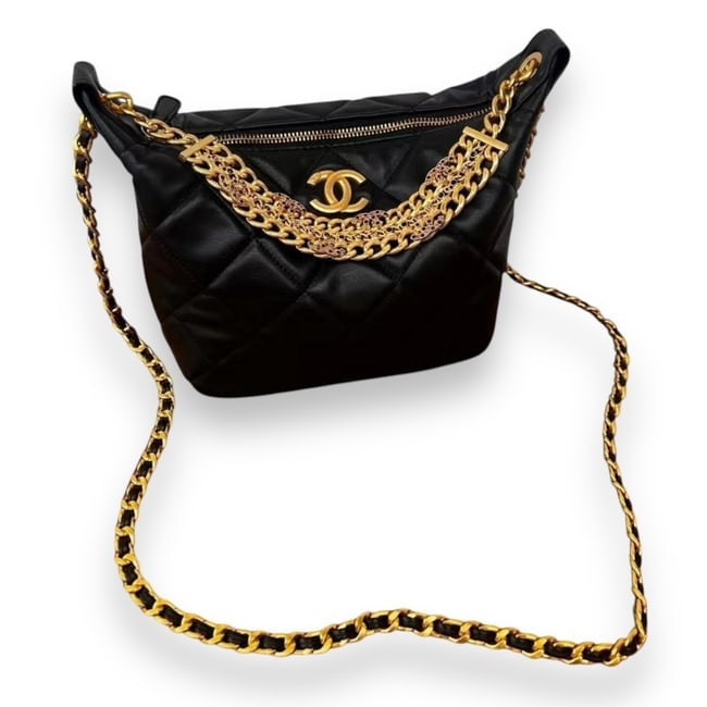 CHANEL Black/Purple Rhinestone Halo Tall Quilted Beaute Shoulder Bag & Original Box: • CHANEL • Tall Halo Bag • Black • Quilted Pattern • Black/Purple Rhinestone Covered Halo • Gold Tone Hardware • Certificate Of Authenticity Included • Shoulder