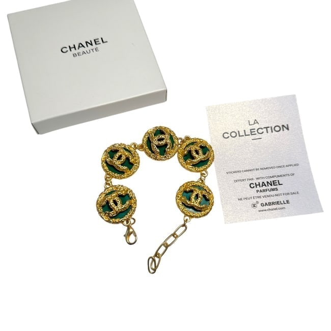CHANEL Gold/Green Adjustable CC Logo Beaute Bracelet & Original Box (1 of 4)