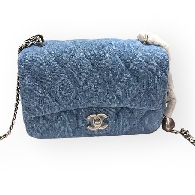 CHANEL Denim/Silver Quilted Floral Print Classic Flap Beaute Bag & Original Box (1 of 8)
