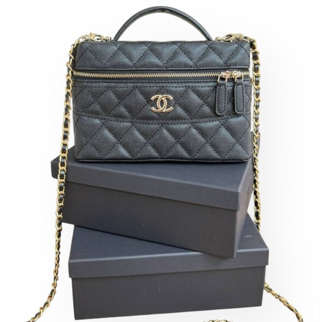 CHANEL Black/Gold Quilted Front Logo Long Vanity Beaute Case & Original Box (1 of 9)