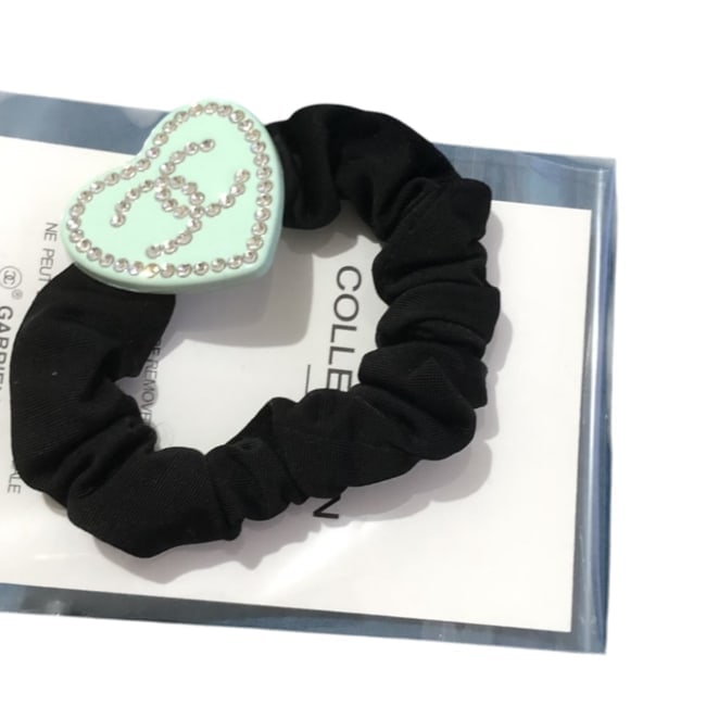 CHANEL Teal/White Rhinestone CC Heart L.A Collection Hair Scrunchy (1 of 1)