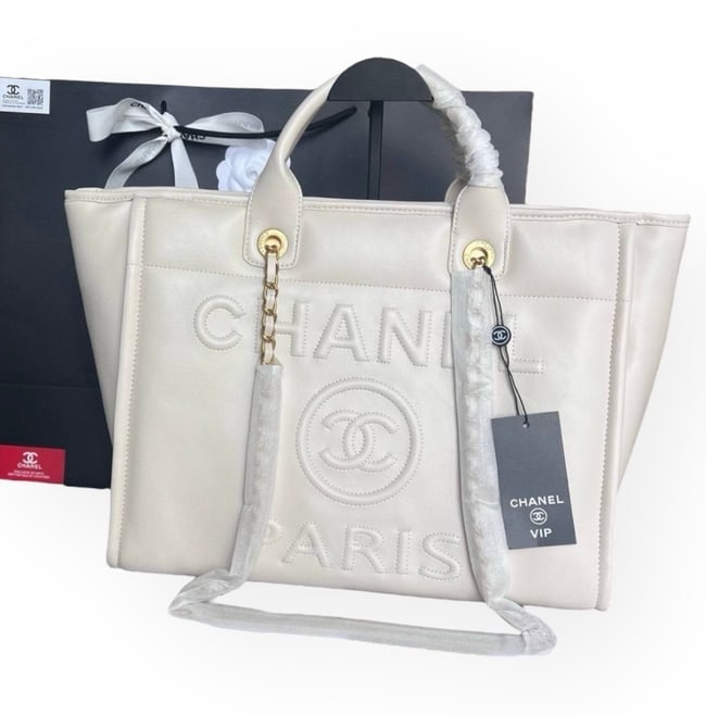 CHANEL Lg White On White Deauville Beaute Tote & Original Chanel Gift Bag (1 of 9)