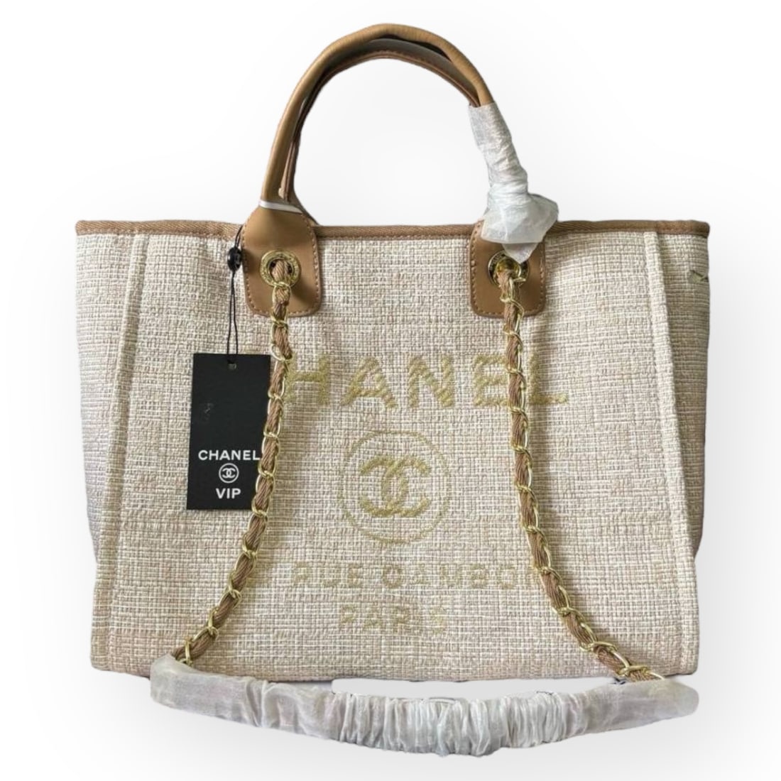 CHANEL Beige/Brown Deauville Tote Beaute Bag & Original CHANEL Gift Bag (1 of 9)