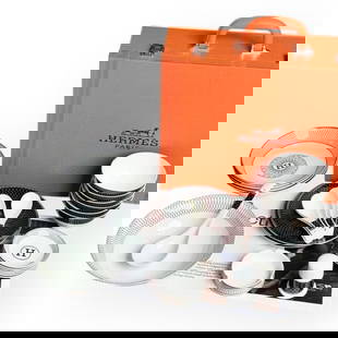 Hermes 26Pc Dining Tableware White/Black/Red Beaute Set & Original Storage Box: • Hermes • Tableware Set • 26 Pieces • White • Black Accents • Red Accents • Spirograph Pattern • Center H Logo • Original Storage Box Included • Full